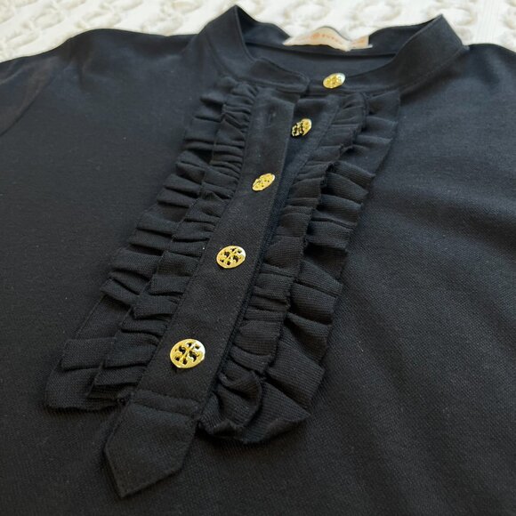 Tory Burch Shirt Women's XL Black Ruffle Accent Short Sleeve Blouse Gold Buttons - Picture 2 of 6